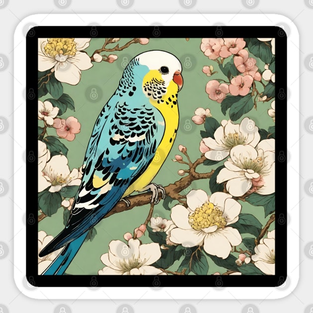 Cute Parakeet in Vintage Japanese Blossoms Parakeet Bird Mom Sticker by wigobun